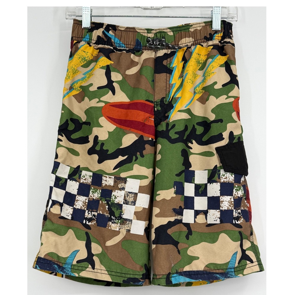 Crazy 8 Boys XL Camo Surf Shorts‎ Checkerboard Lightning Bolts Beach Summer Y2K